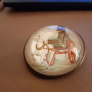 Antique glass and brass horse and carriage brooch from bridle rosette. C. 1880.